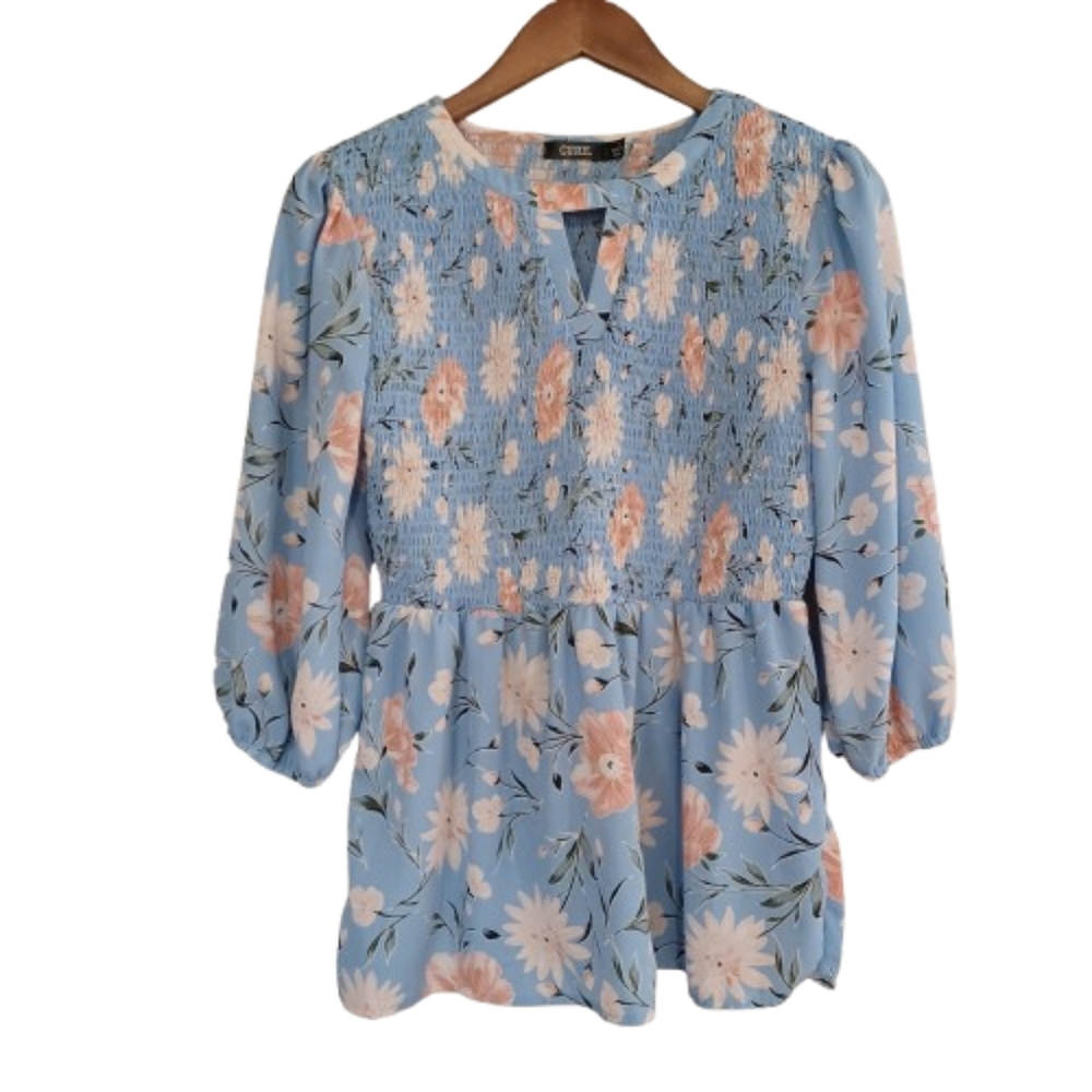 Cure Light Blue Floral Chic Empire Waist Peasant Style Top Key Hole Blouse